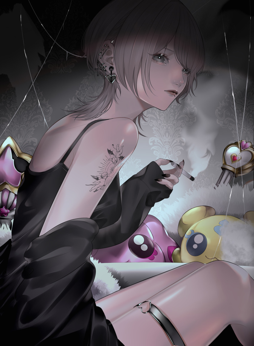 1girl absurdres aegyo_sal barbell_piercing bare_shoulders black_jacket black_nails black_tank_top breasts brown_hair character_doll character_request cigarette cross cross_earrings doll ear_piercing earrings eyelashes face_piercing feet_out_of_frame fingernails from_side grey_eyes heart heart_earrings heart_o-ring highres holding holding_cigarette jacket jacket_partially_removed jewelry latin_cross lip_piercing lips long_fingernails looking_at_viewer looking_to_the_side mano_aaa medium_breasts medium_hair o-ring o-ring_thigh_strap original piercing precure shoulder_tattoo single_sleeve_past_wrist smoke smoking solo string stuffing swept_bangs tank_top tattoo thigh_strap wolf_cut