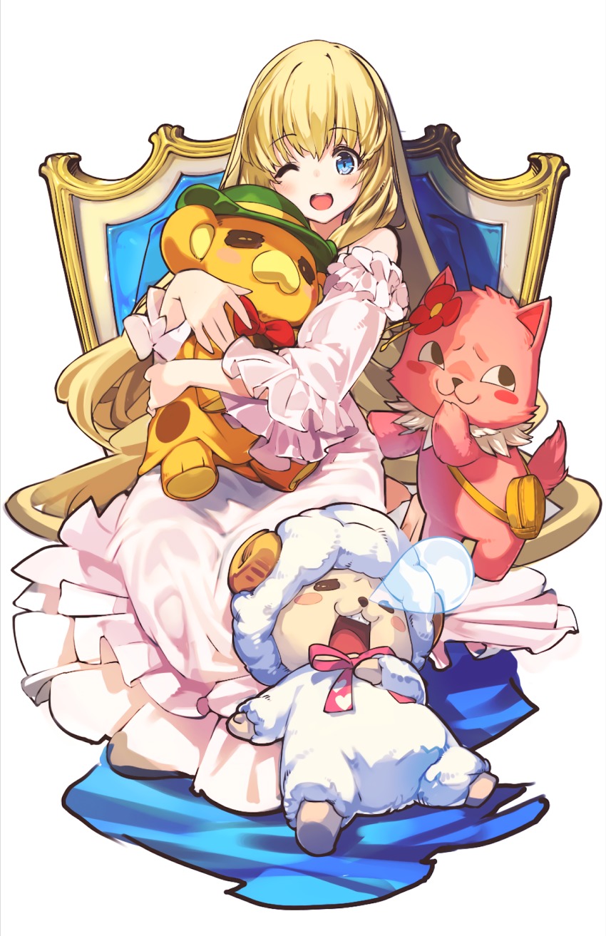 10s 1girl amagi_brilliant_park blonde_hair blue_eyes bonta-kun full_metal_panic! highres hug last_period long_hair looking_at_viewer macaron_(amaburi) moffle nose_bubble official_art one_eye_closed open_mouth sleeveless tiramii