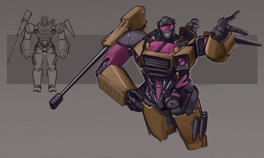 arm_cannon bullet clenched_hand commentary decepticon english_commentary finger_gun grey_background hand_on_own_hip highres mecha multiple_views parted_lips redesign robot smile solo_focus straight-on swindle_(transformers) transformers tungsten_hale weapon