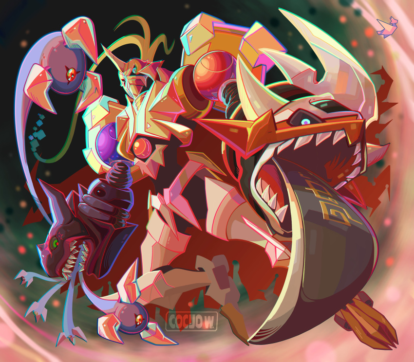 absurdres apocalymon beta_digimon blue_eyes cape chaosmon digimon digimon_(creature) fusion highres horns imperialdramon imperialdramon_dragon_mode sharp_teeth solo sword teeth tentacles weapon