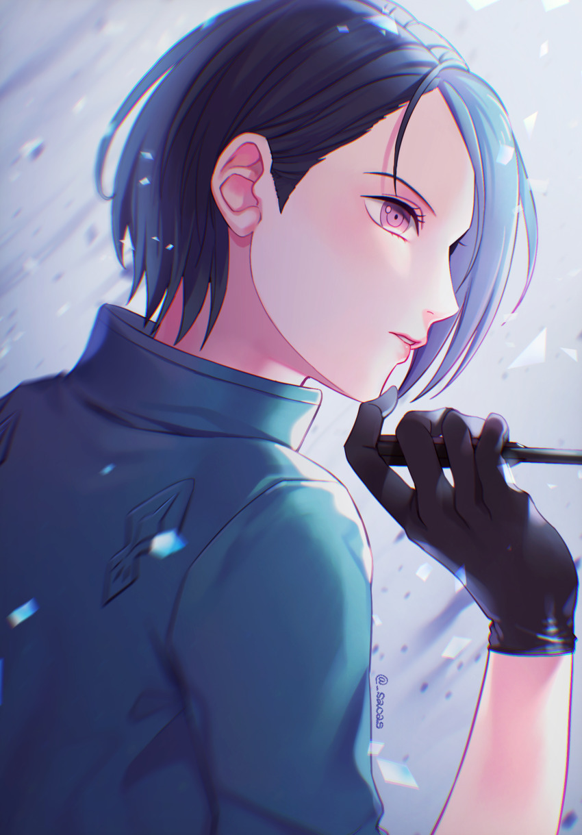 1girl arrow_(projectile) black_gloves black_hair commentary_request cropped_jacket fire_emblem fire_emblem:_three_houses from_behind gloves green_jacket highres holding holding_arrow jacket lips nintendo oas parted_lips pink_lips profile purple_eyes shamir_nevrand short_hair short_sleeves solo twitter_username