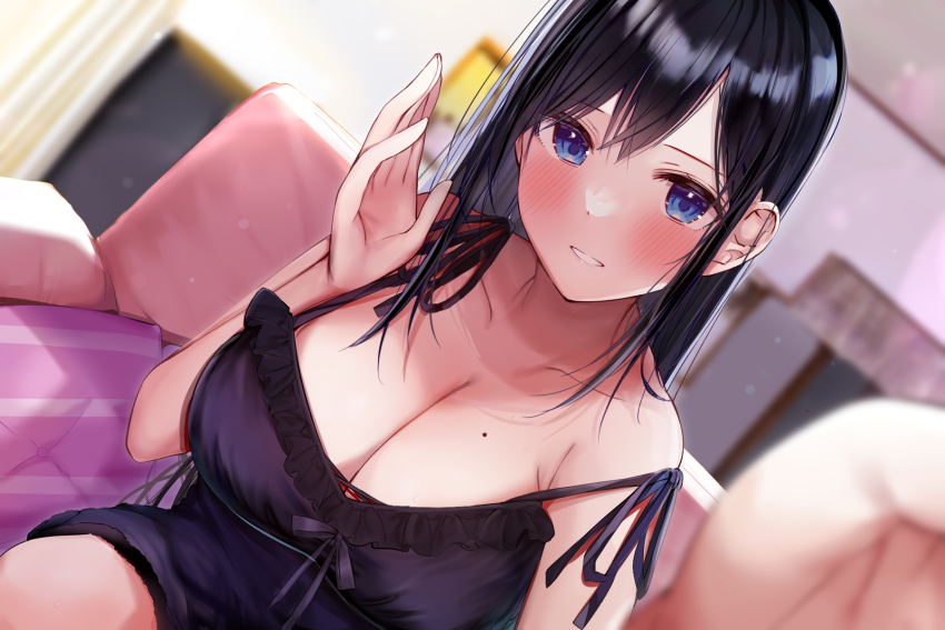 1girl babydoll black_babydoll black_hair blue_eyes blurry blurry_background blush breasts cleavage collarbone couch curtains cushion dutch_angle grin hair_between_eyes highres indoors large_breasts long_hair looking_at_viewer mole mole_on_breast original picture_frame rouka_(akatyann) sidelocks sitting smile solo teeth