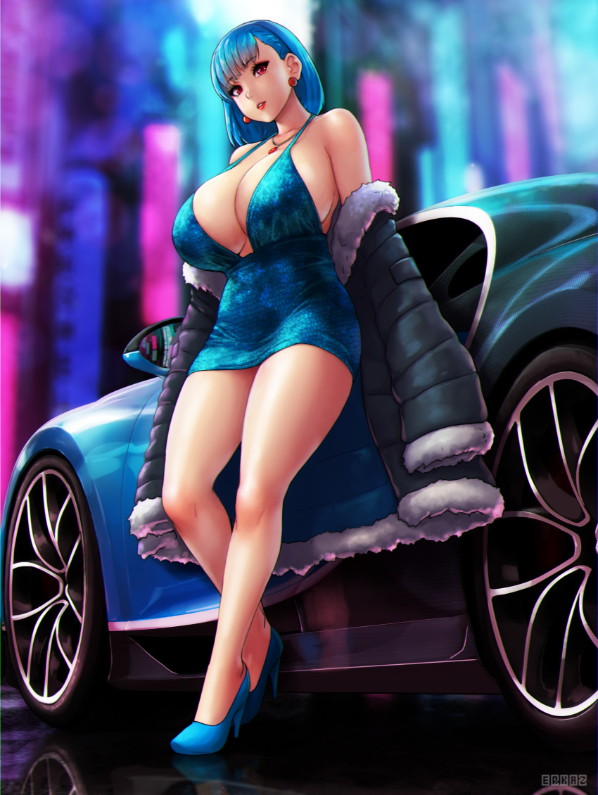 1girl azur_lane bare_shoulders blue_dress blue_footwear blue_hair blurry blurry_background breasts bugatti bugatti_chiron car city city_lights cleavage coat cosplay dress earrings erkaz evening_gown full_body fur_collar fur_trim glitter_dress halter_dress halterneck high_heels highres huge_breasts jewelry legs long_hair looking_at_viewer minidress motor_vehicle necklace off_shoulder original outdoors parted_lips plunging_neckline red_eyes revealing_clothes rina_atherina short_dress solo st._louis_(azur_lane) st._louis_(azur_lane)_(cosplay) st._louis_(luxurious_wheels)_(azur_lane) standing thighs unworn_coat veins veiny_breasts