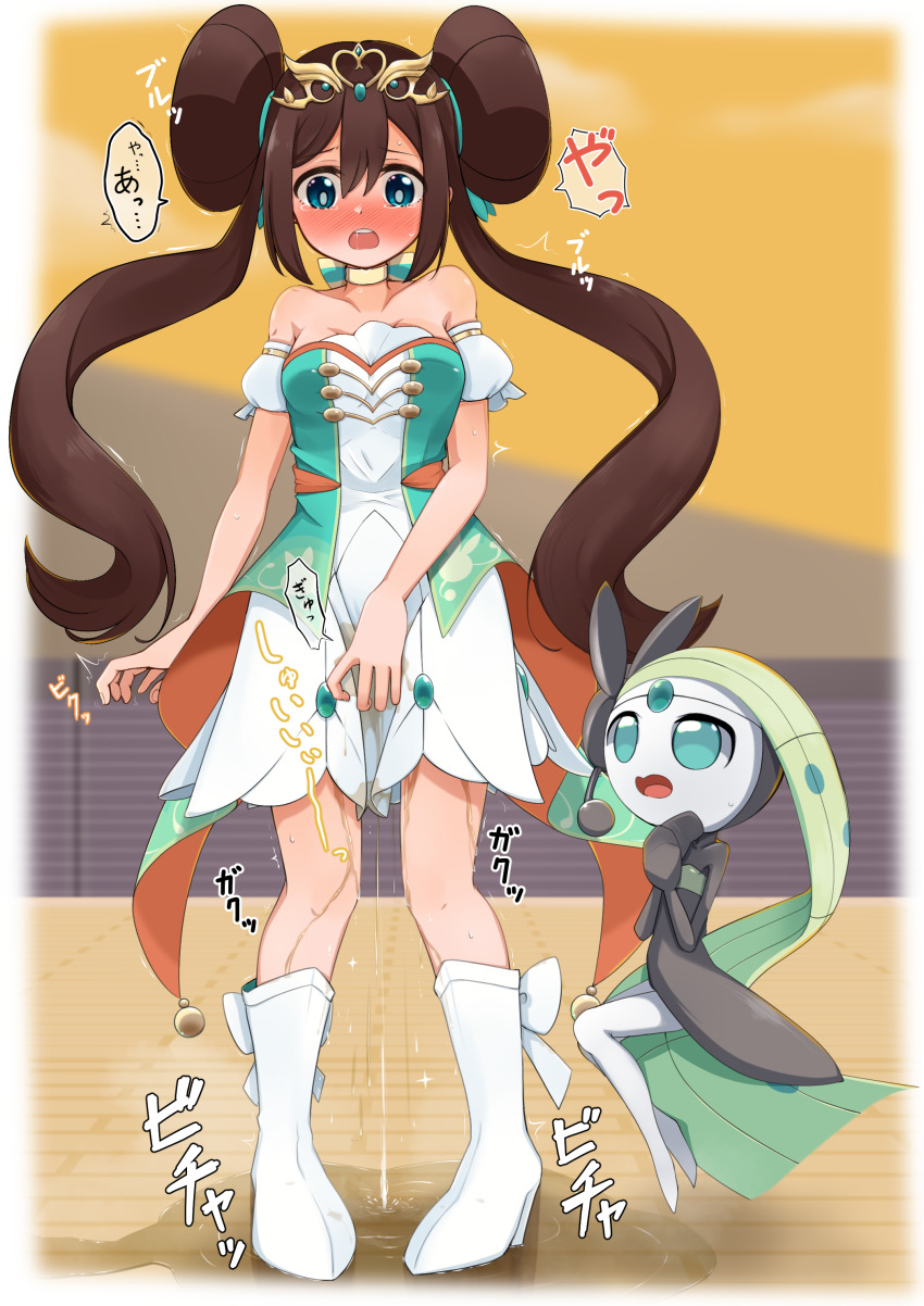 2girls absurdres arm_at_side bare_shoulders between_legs blue_eyes blue_gemstone blurry blurry_background blush boots border bow bow_choker breasts brown_hair choker collarbone colored_skin donut_hair_bun double_bun earpiece embarrassed female_focus floating footwear_bow forehead_jewel full_body gem gen_5_pokemon gold green_eyes green_gemstone green_ribbon hair_between_eyes hair_bun hair_ribbon hand_between_legs hands_up have_to_pee high_heels highres japanese_text knee_boots legendary_pokemon legs_together long_hair looking_at_another looking_down medium_breasts meloetta meloetta_(aria) mizuumi_(expanse_lake) multiple_girls mythical_pokemon nintendo nose_blush off-shoulder_shirt off_shoulder open_mouth orange_sky outdoors own_hands_together pee peeing peeing_self pigeon-toed pokemon pokemon_(creature) pokemon_masters_ex puddle puffy_short_sleeves puffy_sleeves raised_eyebrows ribbon rosa_(champion)_(pokemon) rosa_(pokemon) saliva shirt short_sleeves sidelocks skirt sky sparkle speech_bubble standing steam straight-on sunset tears teeth translation_request trembling twintails very_long_hair wet wet_clothes wet_skirt white_border white_bow white_footwear white_shirt white_skin white_skirt wide-eyed yellow_choker yellow_tiara