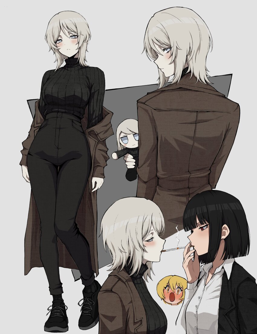 1girl 3girls :o absurdres black_hair black_pants black_shoes black_sweater blonde_hair blue_eyes blush bob_cut breasts brown_coat cigarette cigarette_kiss closed_mouth coat coat_partially_removed collared_shirt doll don_quixote_(project_moon) faust_(project_moon) fumo_(doll) highres holding holding_doll jacket jacket_on_shoulders kekel large_breasts limbus_company long_hair long_sleeves looking_at_another looking_at_viewer looking_back multiple_girls multiple_views pants project_moon red_eyes ryoshu_(project_moon) shirt shoes short_hair small_breasts smoking sneakers sweater turtleneck turtleneck_sweater very_long_hair white_background white_hair white_shirt yuri