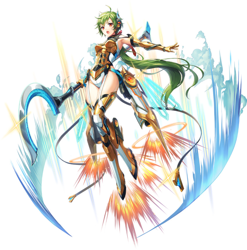 1girl armpits artist_request bad_source breasts detached_sleeves flying four-pointed_star full_body game_cg garter_straps green_hair groin holding holding_weapon kamihime_project long_hair official_art open_mouth orange_eyes perseus_(kamihime_project) solo thighs third-party_source transparent_background weapon