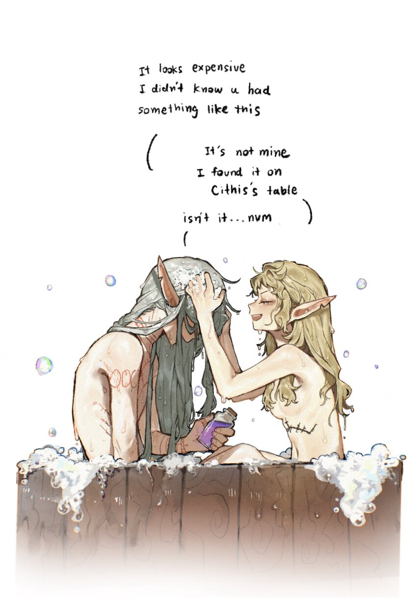 1boy 1girl :d arm_tattoo bags_under_eyes bathing bathtub blonde_hair chest_tattoo closed_eyes commentary dripping dungeon_meshi elf english_commentary english_text flask fleki grey_hair highres long_hair lycion neck_tattoo notched_ear nova_1810 nude open_mouth pointy_ears purple_liquid shared_bathing smile soap_bubbles stomach_tattoo tattoo very_long_hair washing_hair wet white_background