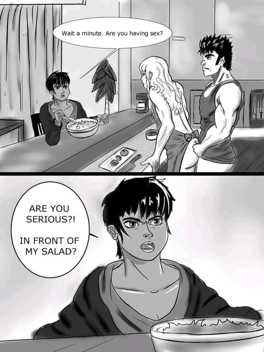 1girl 2boys angry apron berserk black_hair bottomless casca_(berserk) cheating_(relationship) cuckquean english_text greyscale griffith_(berserk) guts_(berserk) highres long_hair meme monochrome multiple_boys muscular muscular_male naked_apron netorare parody salad sex sex_from_behind short standing standing_sex stealth_sex watching white_hair yaoi