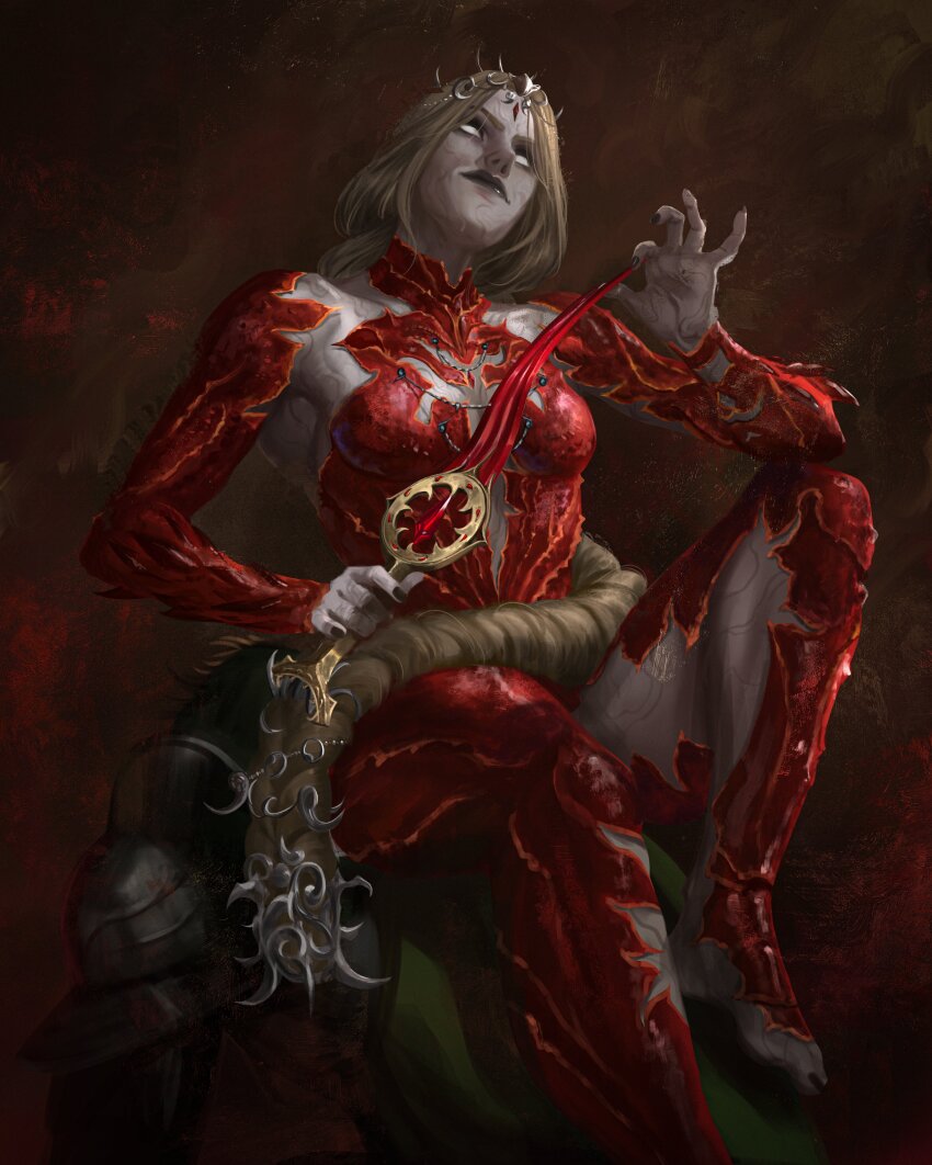 1boy 1girl absurdres armor baldur&#039;s_gate baldur&#039;s_gate_3 barefoot black_lips black_nails blank_eyes blonde_hair bodysuit braid brown_background caio_santos circlet colored_skin commentary dagger detached_sleeves elbow_rest foot_out_of_frame from_below grey_skin hair_ornament highres holding holding_dagger holding_knife holding_weapon knee_up knife long_hair orin_the_red pauldrons red_bodysuit shoulder_armor single_braid sitting sitting_on_person smirk solo_focus very_long_hair weapon
