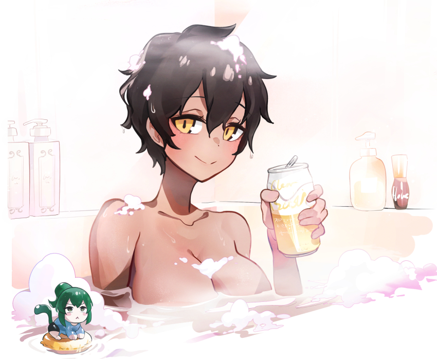 2girls :&lt; all_fours bathing bathtub breasts brown_hair can cat_girl cat_tail cleavage closed_mouth collarbone green_eyes green_hair highres holding holding_can igarashi_futaba kemonomimi_mode kurobe_natsumi large_breasts looking_at_viewer mini_person minigirl mo0o0rae multiple_girls nude partially_submerged senpai_ga_uzai_kouhai_no_hanashi short_hair smile soap_bubbles solo_focus split tail yellow_eyes
