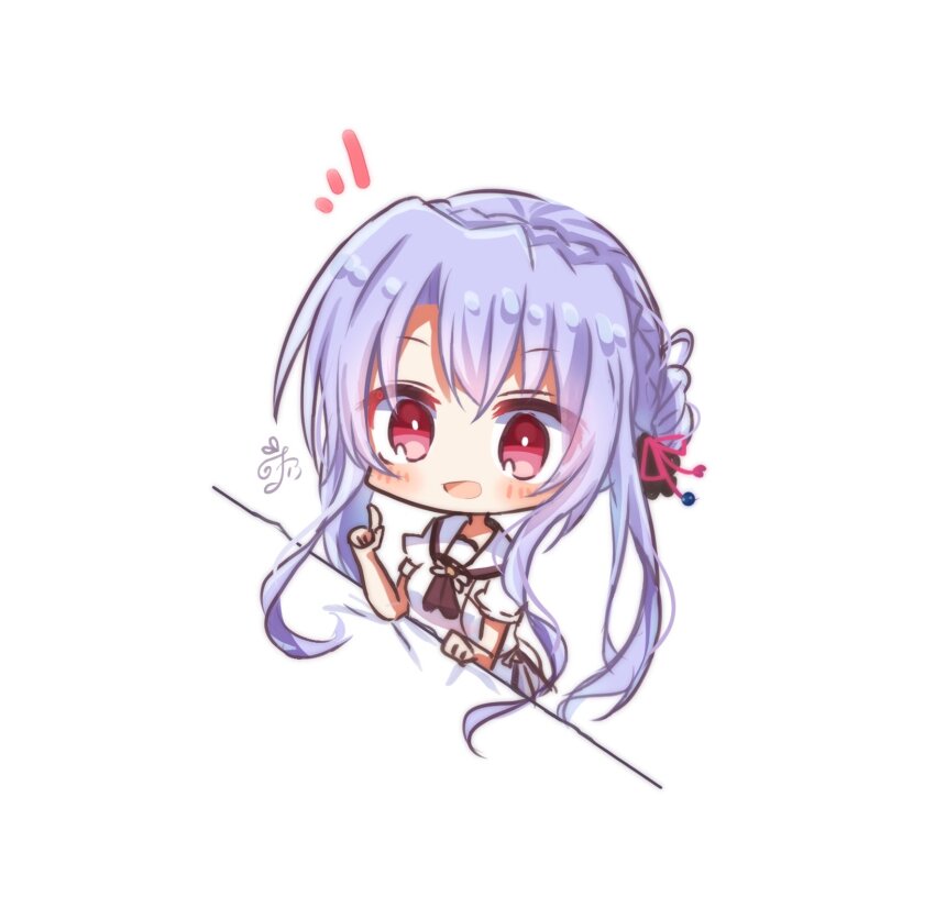 1girl :d blue_hair blush braid chibi chibi_only crown_braid eyes_visible_through_hair hair_between_eyes hair_bun hand_up hashtag-only_commentary highres index_finger_raised long_hair looking_at_viewer notice_lines open_mouth puffy_short_sleeves puffy_sleeves red_eyes sailor_collar school_uniform serafuku shirt short_sleeves sidelocks signature simple_background single_hair_bun smile solo sorakado_ao summer_pockets summer_pockets_school_uniform upper_body utuigawa very_long_hair white_background white_sailor_collar white_shirt