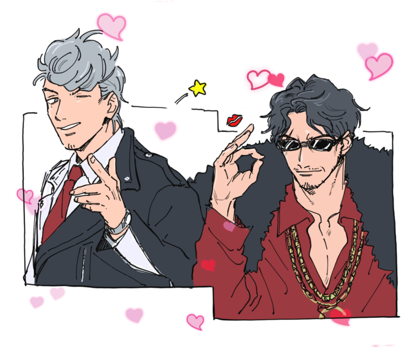 2boys adam&#039;s_apple amaguni_hitoya amayado_rei beard_stubble black_hair chain chain_necklace cheekbones coat coat_on_shoulders collarbone collared_shirt curtained_hair dress_shirt facial_hair finger_gun fur_coat goatee_stubble gold_chain green_eyes grey_hair heart hypnosis_mic jacket jewelry leather leather_jacket long_sleeves male_focus mature_eyes mature_male multicolored_jacket multiple_boys mustache_stubble necklace necktie ok_sign one_eye_closed outside_border parted_bangs pectoral_cleavage pectorals pompadour raised_eyebrow red_necktie red_shirt scar scar_across_eye scar_on_face shirt short_hair simple_background smile smirk star_(symbol) stubble sunglasses two-tone_jacket watch wavy_hair white_background wrinkled_skin wristwatch x09cc