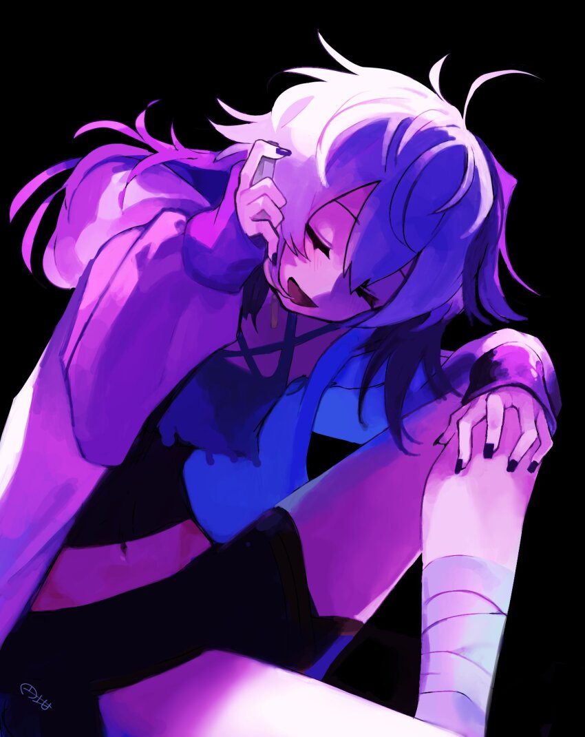 1girl ahoge bandaged_leg bandages black_background black_hair black_nails choker closed_eyes crop_top flower_(gynoid_talk) flower_(vocaloid) gynoid_talk highres jacket leg_up marutsubo midriff mullet multicolored_hair open_clothes open_jacket open_mouth oversized_jacket shorts sitting streaked_hair two-tone_hair vocaloid white_hair