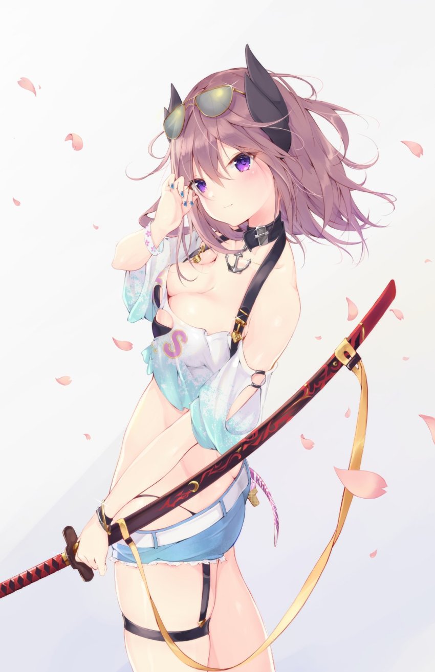 1girl anchor_choker ass azur_lane bare_shoulders bikini bikini_under_clothes black_bikini black_horns blush breasts butt_crack cleavage cleavage_cutout clothing_cutout crop_top crop_top_overhang duplicate eyewear_on_head female_focus food hair_between_eyes heart_cutout highres holding holding_weapon horns ice_cream katana kirishima_(azur_lane) kirishima_(summery_audacity)_(azur_lane) large_breasts looking_at_viewer medium_breasts micro_shorts navel petals purple_eyes purple_hair short_hair short_shorts shorts solo stomach sunglasses sunglasses_on_head swimsuit swimsuit_under_clothes sword t-bth underwear weapon