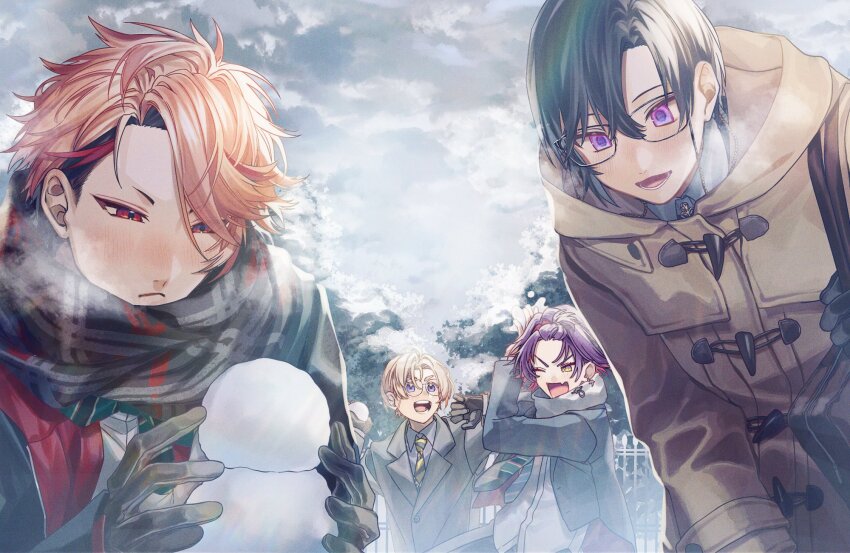 4boys :d ;d ahoge arm_up bangs_pinned_back black-framed_eyewear black_gloves black_hair black_jacket black_necktie black_scarf blonde_hair blue_eyes blue_necktie blush brooch brown_coat closed_mouth coat collared_shirt colored_inner_hair crossed_bangs diagonal-striped_clothes diagonal-striped_necktie duffel_coat eyewear_strap fang fence fura_kanato fura_kanato_(school_uniform) glasses gloves grey_shirt hair_between_eyes hair_intakes hands_up hashtag-only_commentary highres holding holding_snowball hood hood_down hooded_coat jacket jewelry kaburagi_(pnoir087) lapels leaning_forward long_sleeves lower_teeth_only male_focus multicolored_eyes multicolored_hair multiple_boys necktie nijisanji one_eye_closed open_clothes open_jacket open_mouth outdoors overcast parted_bangs pink_hair plaid_clothes plaid_scarf purple_eyes purple_hair red_eyes red_hair round_eyewear scarf school_uniform seraph_dazzlegarden seraph_dazzlegarden_(school_uniform) shikinagi_akira shikinagi_akira_(school_uniform) shirt short_hair skin_fang sky smile snow snowball snowman standing streaked_hair striped_clothes striped_necktie teeth tree two-tone_eyes two-tone_hair upper_body v-shaped_eyebrows virtual_youtuber voltaction watarai_hibari watarai_hibari_(school_uniform) winter yellow_eyes yellow_necktie