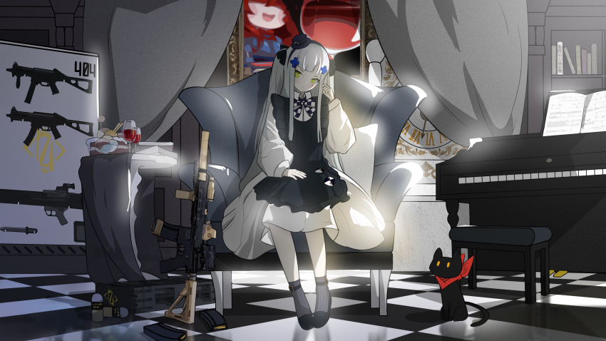 1girl absurdres aged_down armchair assault_rifle bingzhi_juzi black_cat black_dress black_hairband black_ribbon black_shoes bow bowtie cake cat chair checkered_bow checkered_bowtie checkered_clothes checkered_floor chinese_commentary closed_mouth cup dial drawing_(object) dress drinking_glass food full_body girls&#039;_frontline green_eyes gun h&amp;k_hk416 h&amp;k_ump hair_ornament hair_ribbon hairband hairclip hat highres hk416_(black_kitty&#039;s_gift)_(girls&#039;_frontline) hk416_(girls&#039;_frontline) instrument knife long_hair long_sleeves looking_at_viewer magazine_(weapon) mini_hat official_alternate_costume piano ribbon rifle scenery shoes sitting socks solo submachine_gun tattoo teardrop_facial_mark teardrop_tattoo twintails weapon weapon_rack weapon_request white_hair wine_glass