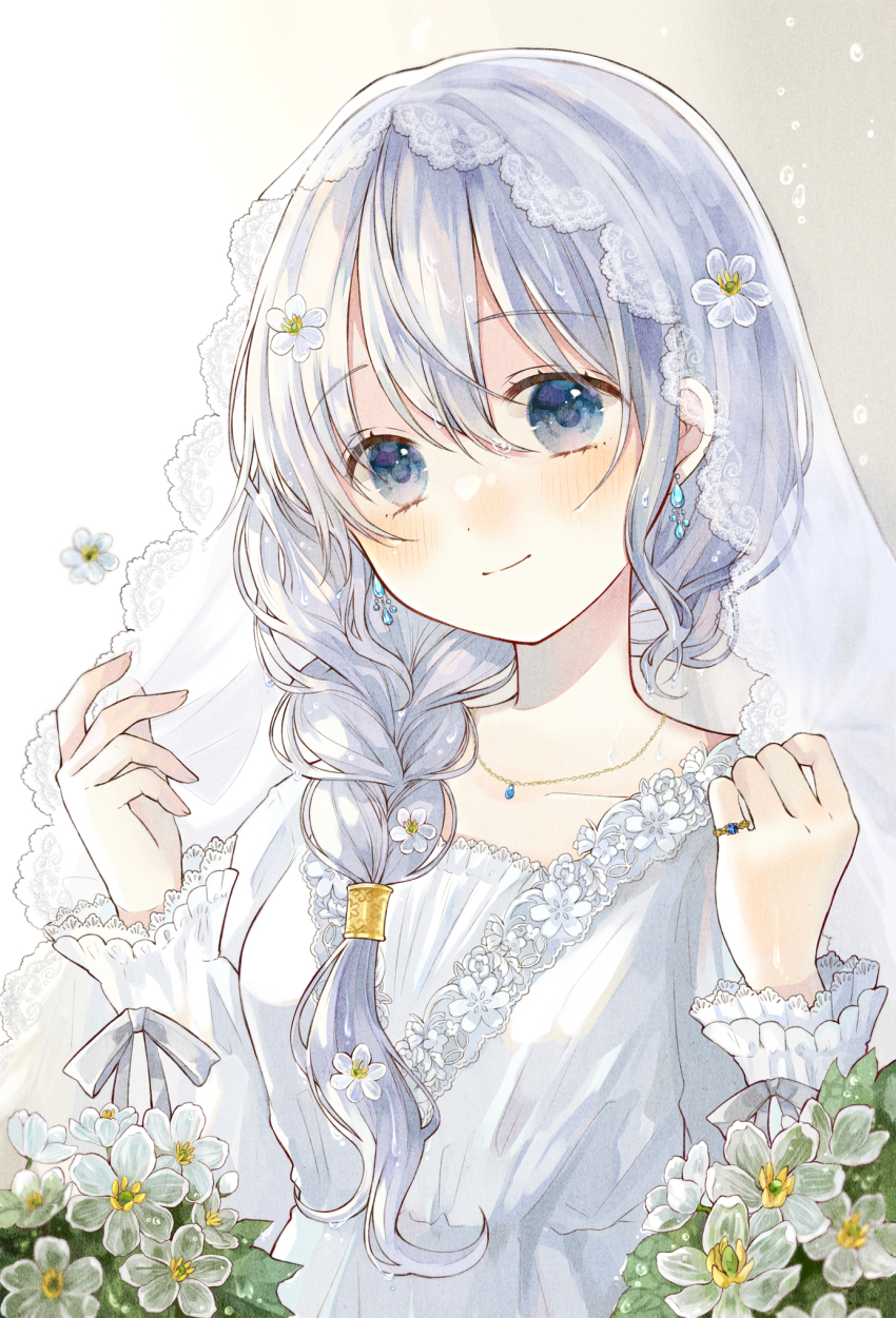 1girl blue_eyes blue_gemstone blue_hair blush bow braid breasts bush chain closed_mouth collarbone commentary_request curly_sidelocks dress earrings floral_print flower frilled_sleeves frills gem gold_chain hair_between_eyes hair_flower hair_ornament hair_over_shoulder hands_up highres jewelry long_hair long_sleeves looking_at_viewer necklace original ornate_ring puffy_long_sleeves puffy_sleeves ring sidelocks sleeve_bow small_breasts smile solo teardrop-shaped_gem teardrop_earrings tententuyu upper_body veil water_drop white_bow white_dress white_flower white_veil