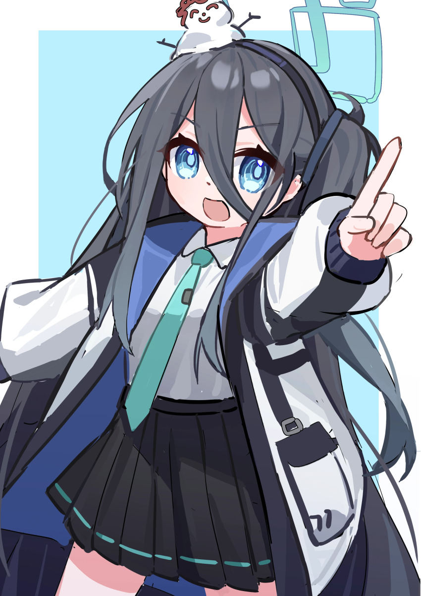 1girl :d absurdly_long_hair absurdres aqua_halo aqua_necktie aris_(blue_archive) black_hairband black_skirt blue_archive blue_background blue_eyes border bright_pupils character_snowman chinese_commentary collared_shirt commentary_request cowboy_shot doodle_sensei_(blue_archive) dot_nose double-parted_bangs grey_hair hair_between_eyes hairband halo highres jacket long_bangs long_hair long_hair_between_eyes long_sidelocks long_sleeves looking_at_viewer mogu_kinoko multicolored_jacket necktie one_side_up open_clothes open_jacket open_mouth outside_border outstretched_arm pleated_skirt pocket pointing pointing_at_viewer puffy_long_sleeves puffy_sleeves rectangular_halo ringed_eyes school_uniform sensei_(blue_archive) shirt shirt_tucked_in sidelocks skirt smile snowman_on_head solo two-sided_fabric two-sided_jacket v-shaped_eyebrows very_long_hair white_border white_jacket white_shirt