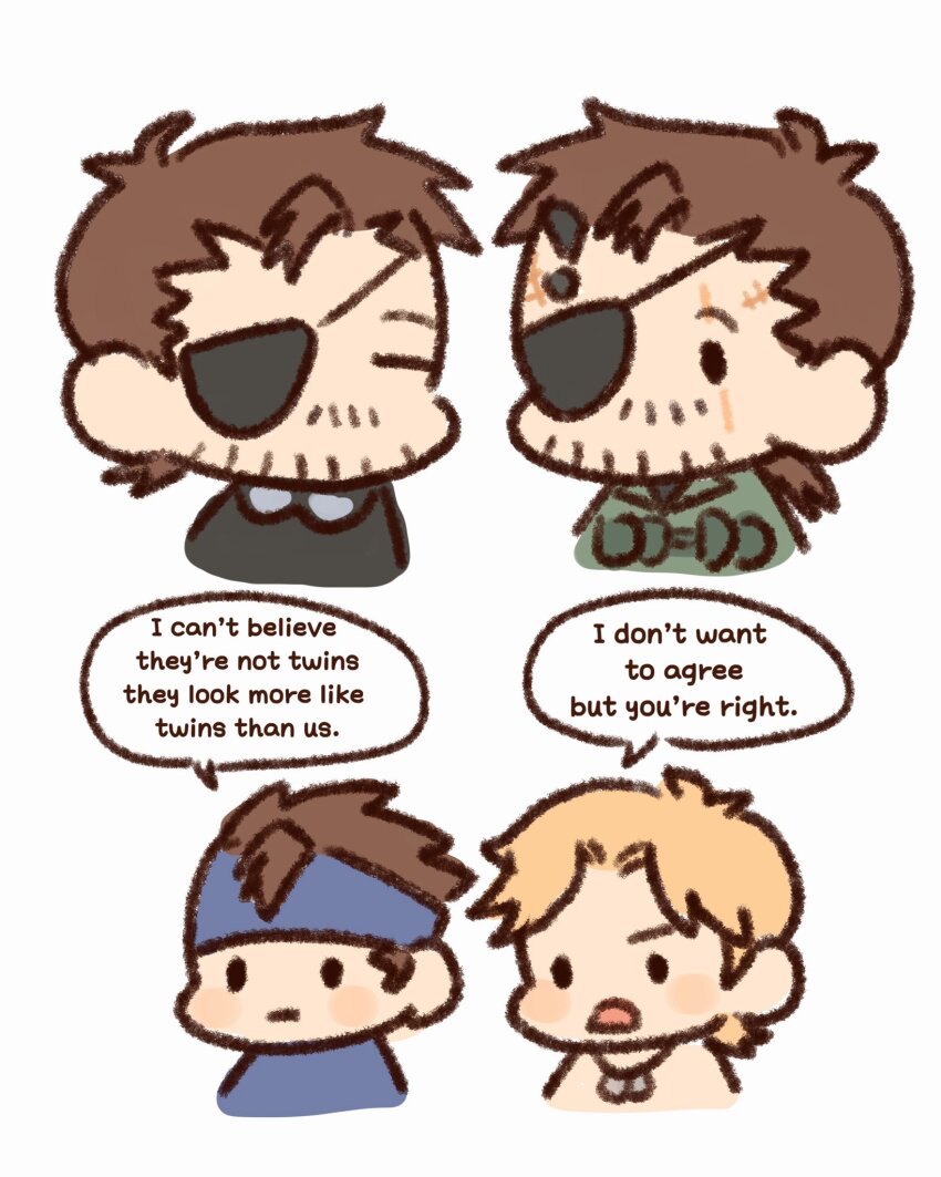 4boys beard_stubble big_boss blue_headband brothers chibi commentary facial_hair headband highres horns jewelry liquid_snake male_focus metal_gear_(series) metal_gear_solid metal_gear_solid_v:_the_phantom_pain multiple_boys necklace open_mouth pap_(paprikaru1205) scar scar_across_eye scar_on_face siblings solid_snake stubble venom_snake