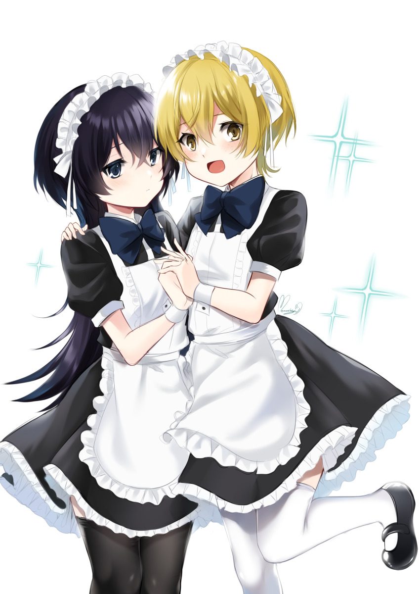 1boy 1girl :d absurdres alternate_costume alternate_hairstyle apron black_footwear black_hair black_thighhighs blonde_hair blue_bow blue_eyes blush bow bungou_stray_dogs commentary crossdressing dress english_commentary enmaided freckles frilled_apron frilled_dress frills hair_between_eyes hand_on_another&#039;s_shoulder highres holding_hands izumi_kyouka_(bungou_stray_dogs) leg_up long_hair looking_at_viewer maid maid_apron maid_headdress mary_janes miyazawa_kenji_(bungou_stray_dogs) momoko_nico open_mouth puffy_short_sleeves puffy_sleeves shoes short_hair short_sleeves simple_background smile sparkle standing standing_on_one_leg thighhighs white_apron white_background white_thighhighs wrist_cuffs yellow_eyes
