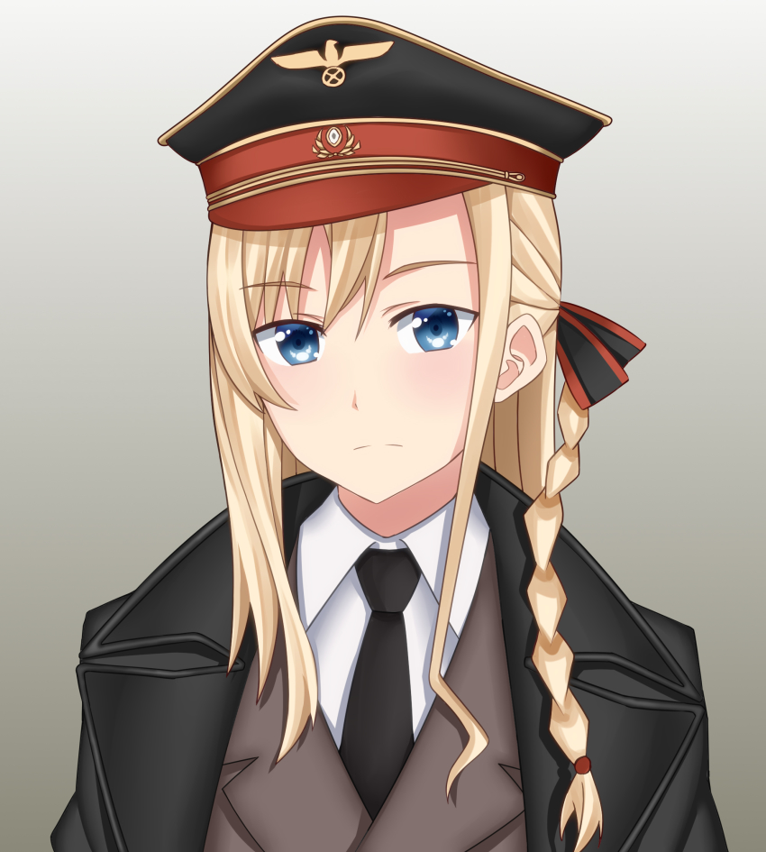 1girl adolf_hitler adolf_hitler_(cosplay) black_coat black_hat black_necktie blonde_hair blue_eyes braid closed_mouth coat commentary cosplay dress_shirt english_commentary frown gradient_background green_ribbon grey_background grey_jacket hair_ribbon hat high_school_fleet highres insignia jacket long_hair looking_at_viewer military military_hat military_uniform necktie peaked_cap portrait ribbon shirt single_braid solo starguard trench_coat white_shirt wilhelmina_braunschweig_ingenohl_friedeburg wing_collar