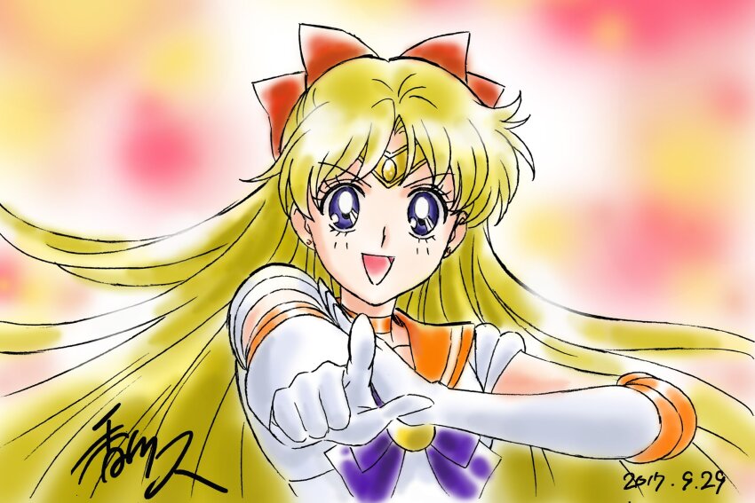1girl aino_minako bishoujo_senshi_sailor_moon blonde_hair blue_bow blue_bowtie blue_eyes bow bowtie circlet dated ear_piercing elbow_gloves gloves hair_bow highres kagawa_hisashi long_hair looking_at_viewer magical_girl open_mouth orange_sailor_collar piercing pointing pointing_at_viewer red_bow sailor_collar sailor_senshi sailor_senshi_uniform sailor_venus signature solo upper_body white_gloves
