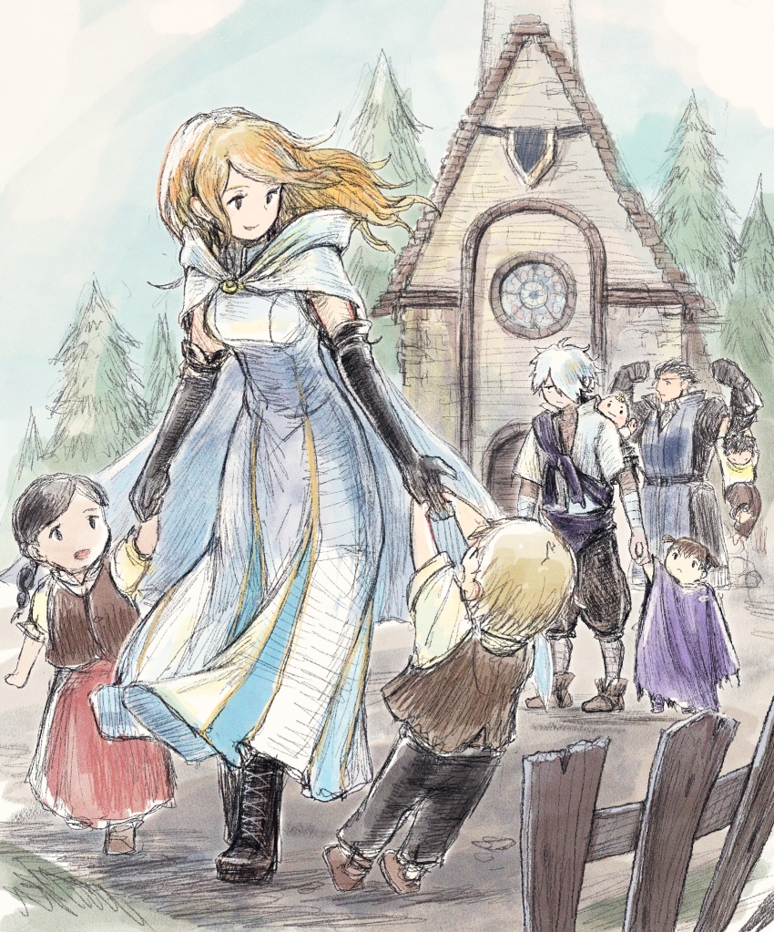 1other 3girls 4boys bandaged_arm bandaged_leg bandages black_boots black_eyes black_gloves black_hair black_pants blonde_hair boots braid brown_hair brown_vest cape child church cleric cloak commentary_request crosshatching dress fence flexing floating_clothes floating_hair gloves hair_over_one_eye hanging_on_arm hatching_(texture) highres holding_hands jitome lace-up_boots lace-up_sleeves long_hair multiple_boys multiple_girls octopath_traveler octopath_traveler_i olberic_eisenberg ophilia_clement pantaloons pants pine_tree poncho puffy_short_sleeves puffy_sleeves purple_poncho qqqqqli red_skirt shirt short_hair short_sleeves short_twintails single_braid skirt sleeveless sleeveless_dress therion_(octopath_traveler) torn_clothes tree twintails unamused vest white_cape white_dress white_hair white_shirt wooden_fence yellow_shirt
