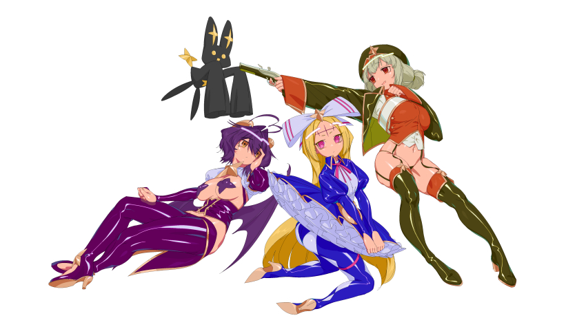 132_(353488448) 1other 4girls absurdres akoya_matama antenna_hair araga_kiwi arm_up beret bikini black_dress black_gloves blonde_hair blue_dress blue_eyes boots breasts brown_hair closed_mouth corset covered_erect_nipples cross-shaped_pupils demon_girl demon_horns demon_wings dress elbow_gloves expressionless facial_tattoo flat_chest forehead_tattoo full_body fur_shawl gloves hair_between_eyes hair_ribbon half_gloves hand_on_own_face hat heart_antenna_hair high_heels highres hiiragi_utena holding holding_microphone holding_weapon horns juliet_sleeves kneeling large_breasts large_ribbon leoparde_(mahou_shoujo_ni_akogarete) loco_musica long_hair long_sleeves looking_at_viewer looking_to_the_side low_wings magia_baiser mahou_shoujo_ni_akogarete medium_breasts medium_hair microphone military military_uniform morino_korisu multiple_girls navel nero_alice one_eye_closed open_mouth pants pasties pink_eyes puffy_sleeves purple_corset purple_gloves purple_hair purple_pants red_eyes ribbon shawl short_hair short_twintails shrug_(clothing) simple_background sitting smile standing standing_on_one_leg star_(symbol) star_pasties stiletto_heels swimsuit symbol-shaped_pupils tattoo thigh_boots thighs tutu twintails two-tone_pants underboob venalita very_long_hair weapon white_background white_footwear white_hat white_ribbon wings yellow_eyes