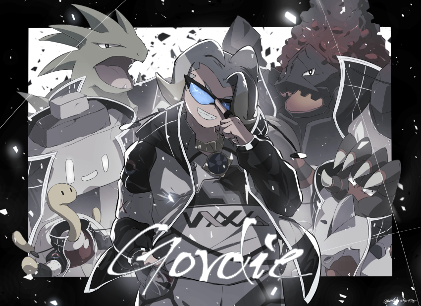 1boy adjusting_eyewear artist_name barbaracle black-framed_eyewear blue-tinted_eyewear character_name coalossal coat commentary_request gen_2_pokemon gen_6_pokemon gen_8_pokemon gloves gordie_(pokemon) gym_leader hand_up highres jewelry looking_at_viewer male_focus multicolored_hair necklace nintendo odd_(hin_yari) open_clothes open_coat pokemon pokemon_(creature) pokemon_swsh shuckle smile stonjourner sunglasses teeth tinted_eyewear two-tone_hair tyranitar watermark