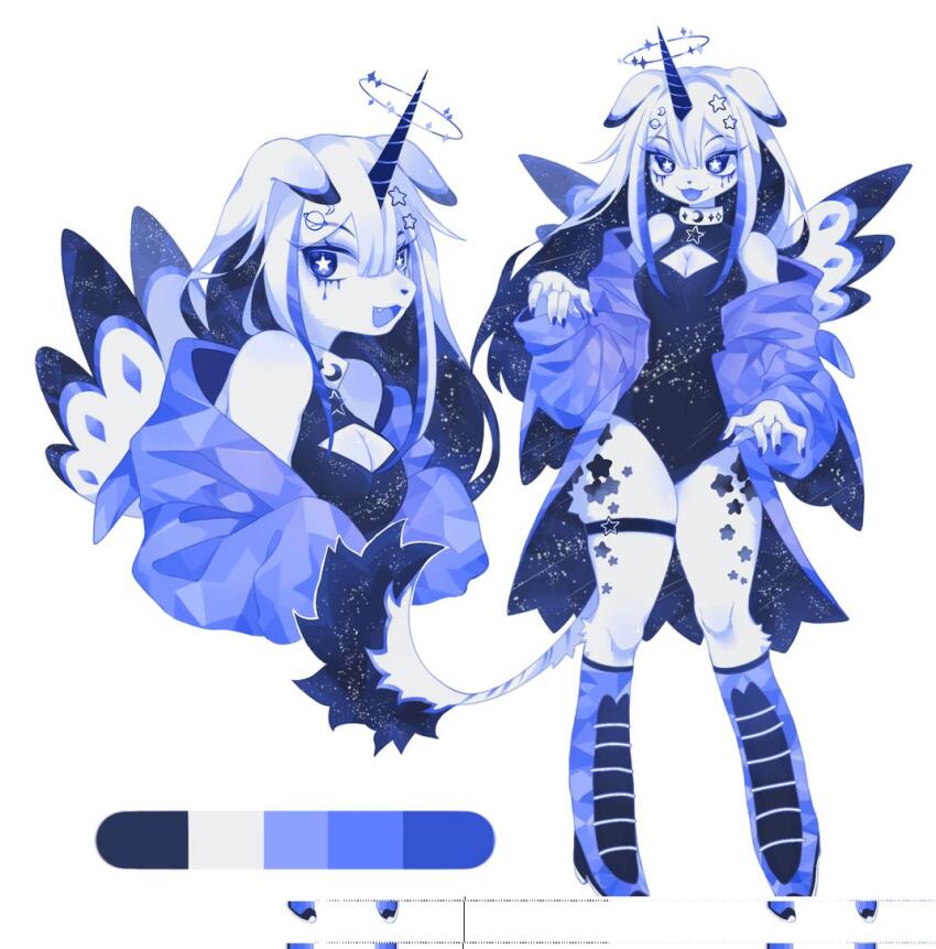 1girl animal_ears black_leotard blue_boots blue_theme blue_tongue boots breasts cleavage cleavage_cutout clothing_cutout collar colored_inner_hair colored_tongue commentary corrupted_twitter_file dog_ears dog_girl english_commentary full_body furry furry_female glitter halo horns leotard lion_tail long_hair multicolored_hair multiple_views neku_boo original reference_sheet simple_background single_horn standing star_(symbol) tail thigh_strap tongue tongue_out white_background white_fur white_hair