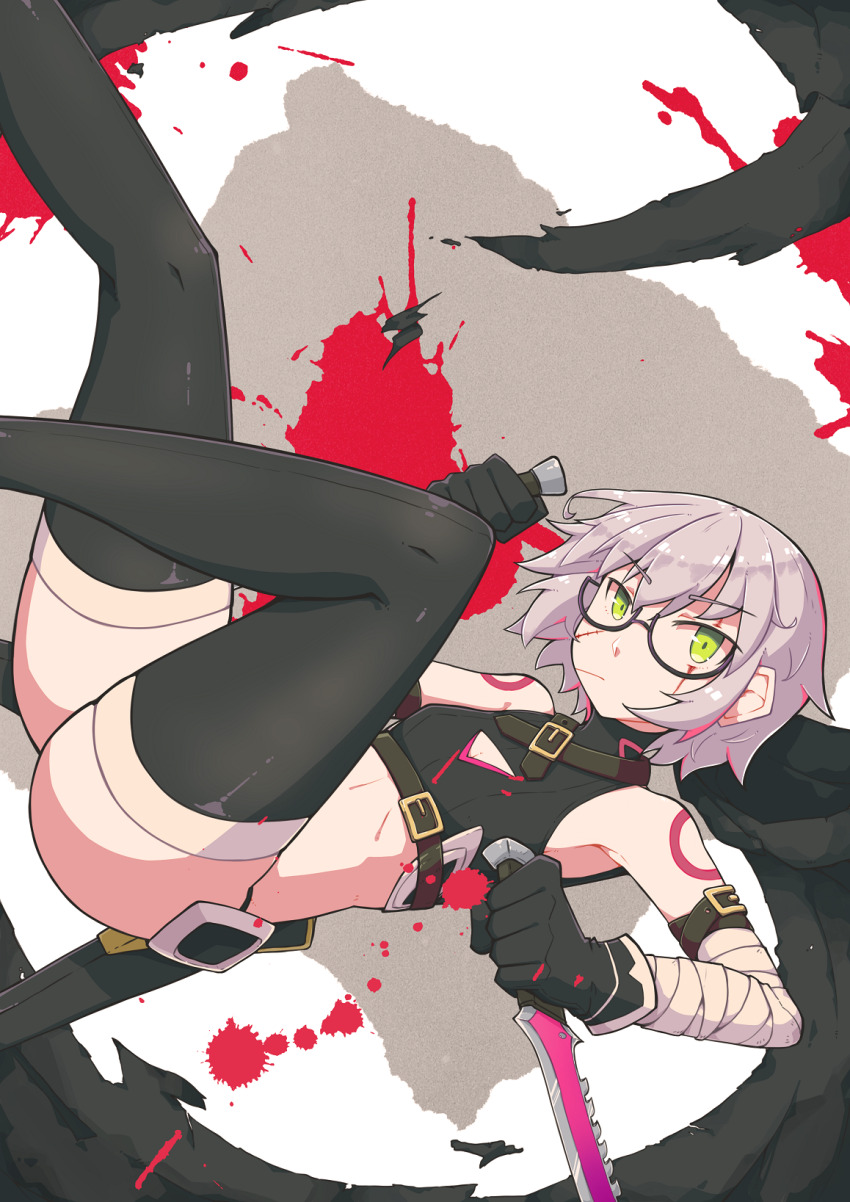 1girl black-framed_eyewear black_gloves black_shirt black_thighhighs blood blood_splatter breasts closed_mouth commentary_request crop_top dagger dual_wielding falling fate/apocrypha fate_(series) feet_out_of_frame glasses gloves green_eyes grey_hair highres holding holding_dagger holding_knife holding_weapon jack_the_ripper_(fate/apocrypha) knife kokuya_(kokuya28) looking_at_viewer midriff shirt short_hair sleeveless sleeveless_shirt small_breasts solo thighhighs weapon