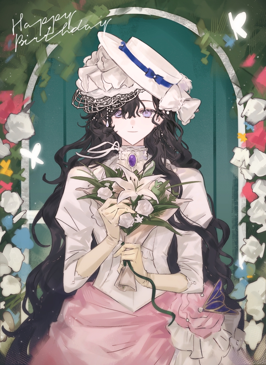 1girl against_door black_hair bouquet bug butterfly closed_mouth dress flower gloves gown hair_between_eyes hands_up happy_birthday hat highres holding holding_bouquet insect isolde_(reverse:1999) juliet_sleeves lily_(flower) long_dress long_hair long_sleeves looking_at_viewer puffy_sleeves purple_eyes rang_wo_zai_shui_10_fenzhong red_flower reverse:1999 smile solo tilted_headwear upper_body veil very_long_hair wavy_hair white_butterfly white_dress white_flower white_hat white_veil yellow_gloves