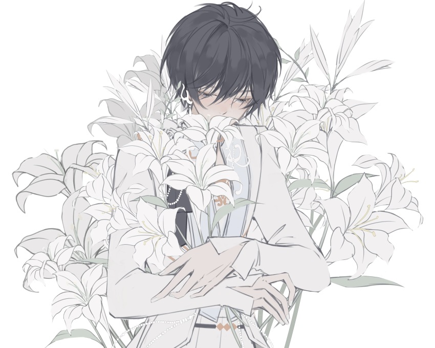 1boy absurdres black_hair blue_eyes covered_mouth ensemble_stars! flower hair_between_eyes half-closed_eyes hidaka_hokuto highres holding holding_flower jacket long_sleeves looking_down male_focus pants short_hair simple_background solo swept_bangs turkey223333 upper_body white_background white_flower white_jacket white_pants white_sleeves