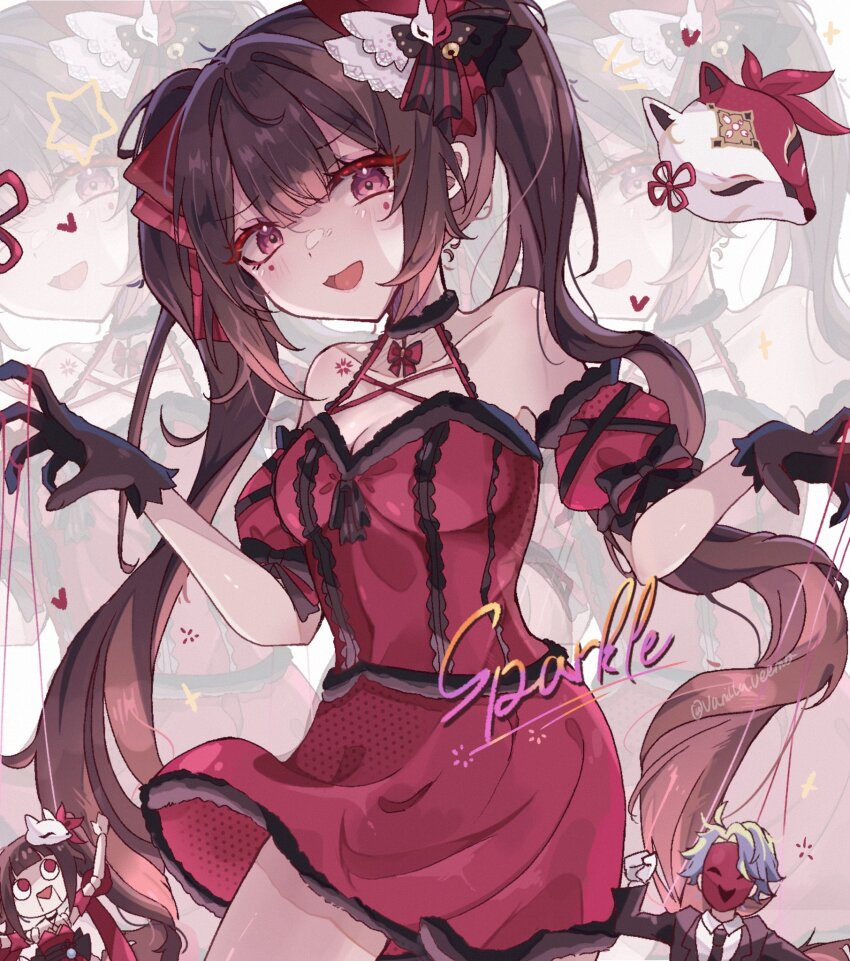 1boy 1girl :d black_bow black_gloves bow brown_hair character_name chest_tattoo collarbone detached_sleeves dress flower_tattoo gloves grid_background hair_bow hair_intakes halter_dress halterneck hat highres honkai:_star_rail honkai_(series) long_hair looking_at_viewer marionette multiple_views open_mouth pink_eyes puppet puppet_strings raised_eyebrows red_dress red_headwear red_mask red_sleeves short_dress short_sleeves simple_background sleeveless sleeveless_dress smile sparkle_(honkai:_star_rail) sparkle_(it&#039;s_showtime)_(honkai:_star_rail) star_(symbol) tattoo top_hat twintails vanillashiii very_long_hair white_background zoom_layer