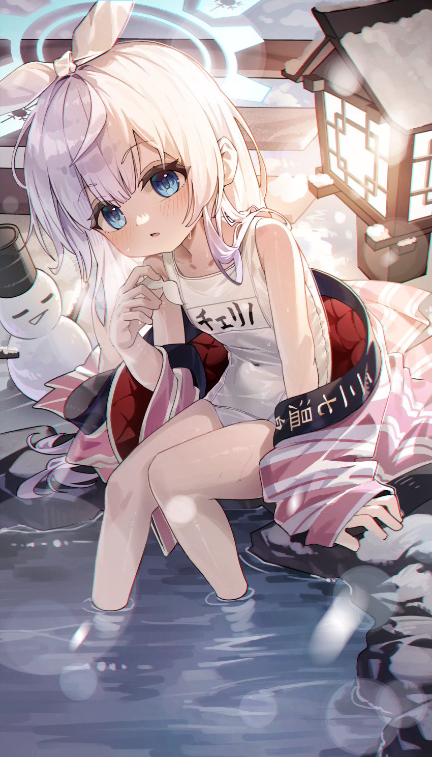 1girl absurdres blue_archive blue_eyes blue_halo capry cherino_(blue_archive) cherino_(hot_spring)_(blue_archive) flat_chest halo highres japanese_clothes long_hair official_alternate_costume one-piece_swimsuit open_mouth school_swimsuit sitting solo swimsuit white_hair white_one-piece_swimsuit