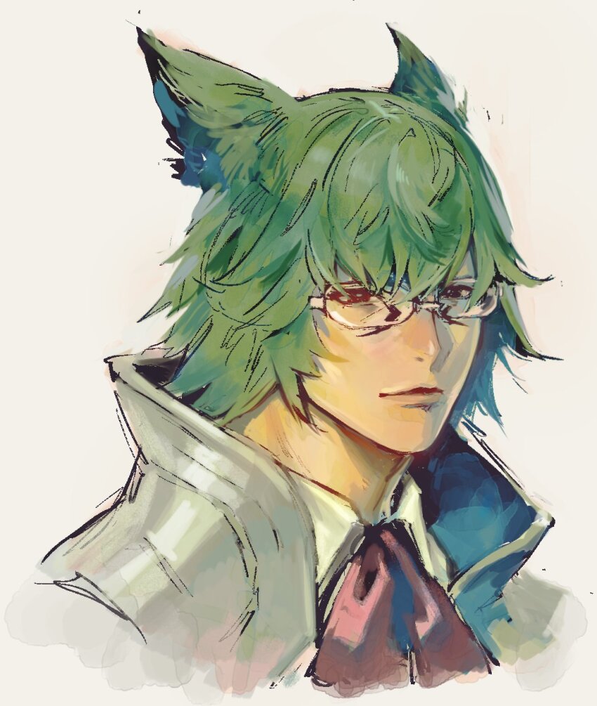 1boy animal_ears ascot closed_mouth collared_jacket commentary_request cropped_shoulders final_fantasy final_fantasy_xiv glasses green_hair hair_between_eyes highres jacket kin_mokusei koana_(ff14) looking_at_viewer male_focus miqo&#039;te popped_collar red_ascot rimless_eyewear shirt simple_background solo white_background white_jacket white_shirt wing_collar