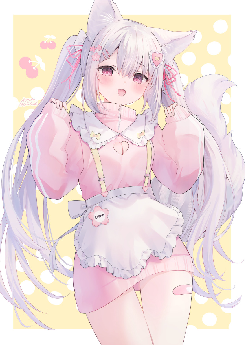 1girl :3 =_hair_ornament absurdres animal_ear_fluff animal_ears apron bandaid_on_thigh blush breasts cleavage cleavage_cutout clothing_cutout commentary flower fox_ears fox_girl fox_tail frilled_apron frills hair_between_eyes hair_flower hair_ornament hands_up heart heart_cutout heart_hair_ornament highres inari_hinano indie_virtual_youtuber inset_border long_hair long_sleeves looking_at_viewer medium_breasts open_mouth pink_eyes pink_sweater rucaco signature sleeves_past_wrists smile solo standing sweater tail thighs twintails very_long_hair virtual_youtuber white_apron white_background white_hair yellow_background zipper