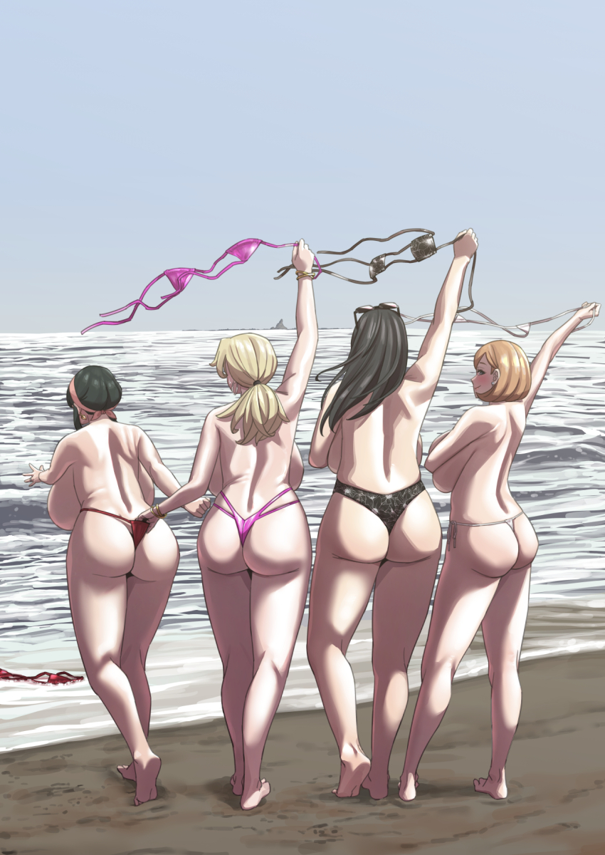 4girls akai_melon ass back backboob bare_shoulders beach bikini black_bikini black_hair blonde_hair breasts camilla_(spy_x_family) cleavage cloud earrings exhibitionism flashing hair_ornament hairband highres holding holding_bikini holding_bikini_top huge_breasts jewelry long_hair looking_at_viewer micro_bikini millie_(spy_x_family) multiple_girls navel ocean outdoors public_indecency public_nudity sand sexually_suggestive sharon_(spy_x_family) short_hair sidelocks sky smile spy_x_family standing string_bikini swimsuit unworn_bikini_top water white_bikini yor_briar