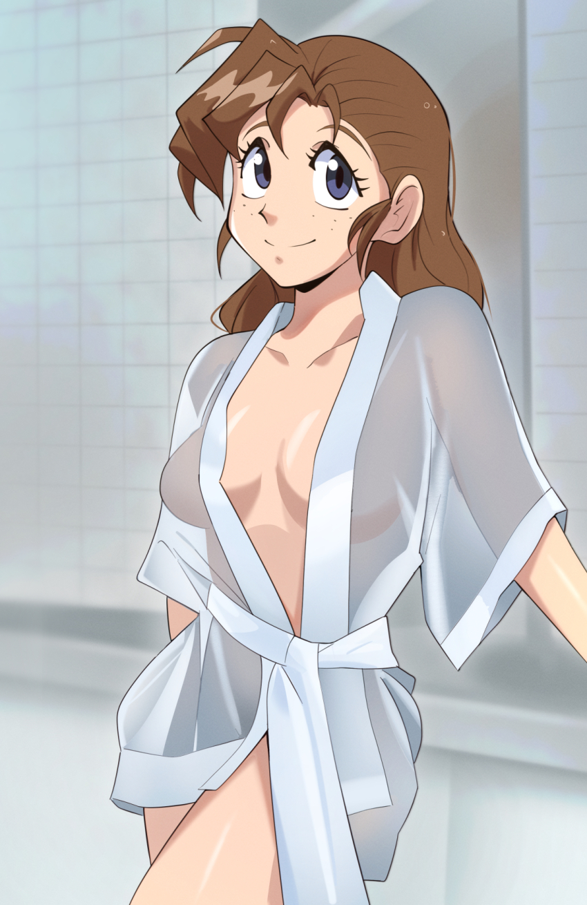 1girl becky_farrah blue_eyes breasts brown_hair cleavage eqe_(eqeart) freckles gunsmith_cats highres lingerie long_hair looking_at_viewer medium_breasts negligee no_bra no_eyewear see-through_clothes smile solo underwear