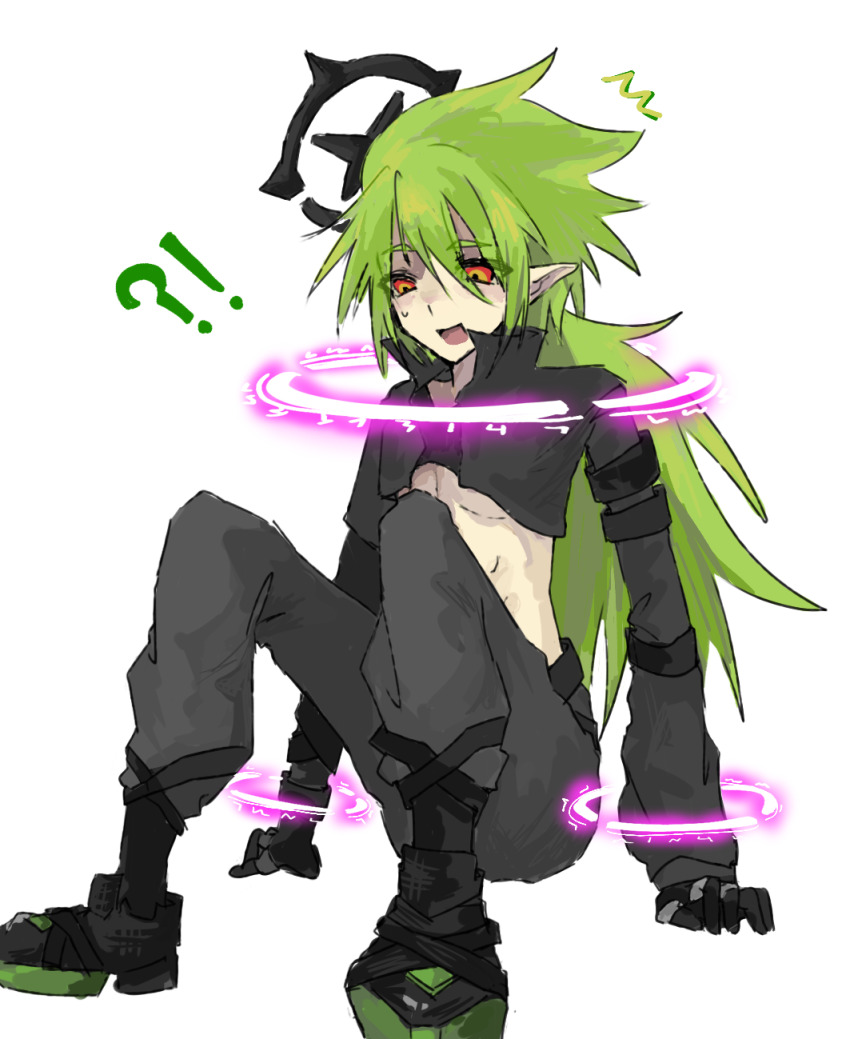 !? 1boy aotu_world black_boots black_gloves black_jacket black_pants black_shirt boots chinese_commentary crop_top cropped_jacket full_body gloves green_hair halo highres implied_yaoi jacket jewelry long_hair low_ponytail male_focus midriff multicolored_eyes open_mouth pants pointy_ears ponytail red_eyes ren7243339 ring shirt simple_background sitting solo sweatdrop underpec white_background xander_(aotu_world) yellow_eyes