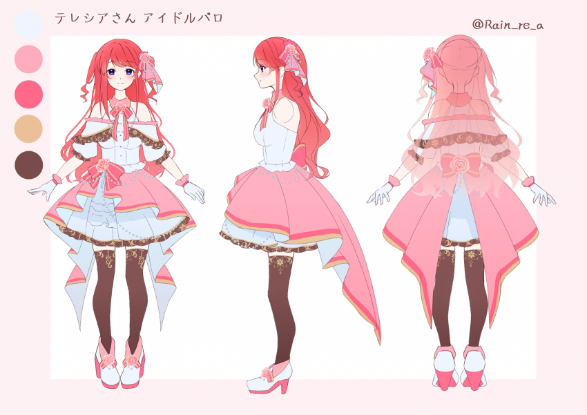 1girl absurdres blue_eyes bow breasts color_guide dress flower from_side gloves high_heels highres idol_clothes long_hair medium_breasts multiple_views open_hands pink_bow purple_eyes rain_re_a re:zero_kara_hajimeru_isekai_seikatsu red_hair reference_sheet skirt smile theresia_van_astrea thighhighs two_side_up white_dress white_gloves