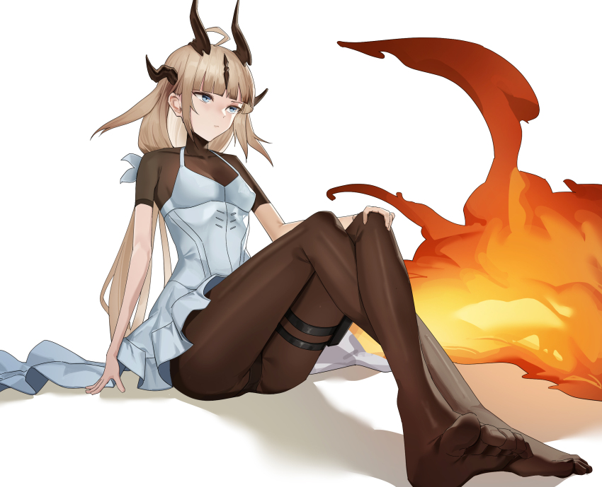 1girl ahoge aoi_wakashi_chiyo arknights black_panties blonde_hair blue_eyes blunt_bangs brown_horns brown_pantyhose closed_mouth commentary covered_collarbone crossed_legs dress expressionless feet fire full_body hand_on_own_knee highres horns long_hair looking_ahead no_shoes panties pantyhose reed_(arknights) reed_the_flame_shadow_(arknights) short_sleeves simple_background sitting soles solo thigh_strap toes underwear white_background white_dress
