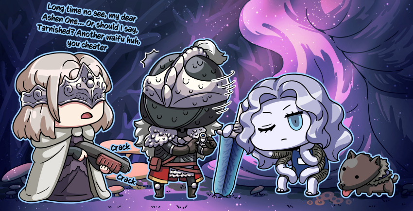 1other 2girls absurdres ambiguous_gender animal armor blaidd_the_half-wolf bloody_wolf_(elden_ring) blue_eyes blue_hair cape chibi commentary covered_eyes crossover dark_souls_(series) dark_souls_iii elden_ring elden_ring_nightreign english_text fire_keeper full_armor gun helmet highres holding holding_jewelry holding_ring holding_sword holding_weapon jewelry long_hair looking_at_another miraiyasha moonlight_greatsword multiple_girls mushroom old_school_swimsuit one-piece_swimsuit one_eye_closed ranni_the_witch ring riyo_(lyomsnpmp)_(style) school_swimsuit sitting sweat swimsuit sword tarnished_(elden_ring) tongue tongue_out wavy_hair weapon wedding_ring white_cape wolf