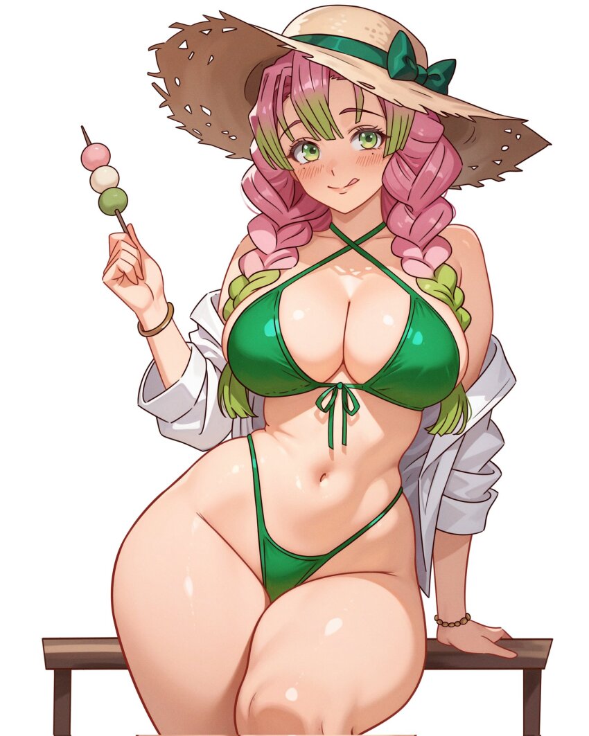 1girl :q arm_support bare_shoulders bead_bracelet beads bikini blush bow bracelet braid breasts brown_hat commentary corrupted_twitter_file criss-cross_halter dango english_commentary fewer_digits food front-tie_bikini_top front-tie_top gradient_hair green_bikini green_bow green_eyes green_hair groin halterneck hat hat_bow highleg highleg_bikini highres holding holding_food jewelry kanroji_mitsuri kimetsu_no_yaiba large_breasts long_hair looking_at_viewer mole mole_under_each_eye mole_under_eye multicolored_hair multiple_moles navel off_shoulder open_clothes open_shirt outside_border pink_hair reus_(cetta) revision shirt simple_background sitting skindentation solo stomach straw_hat swimsuit thick_thighs thighs tongue tongue_out tri_braids twin_braids wagashi watermark web_address white_background white_shirt