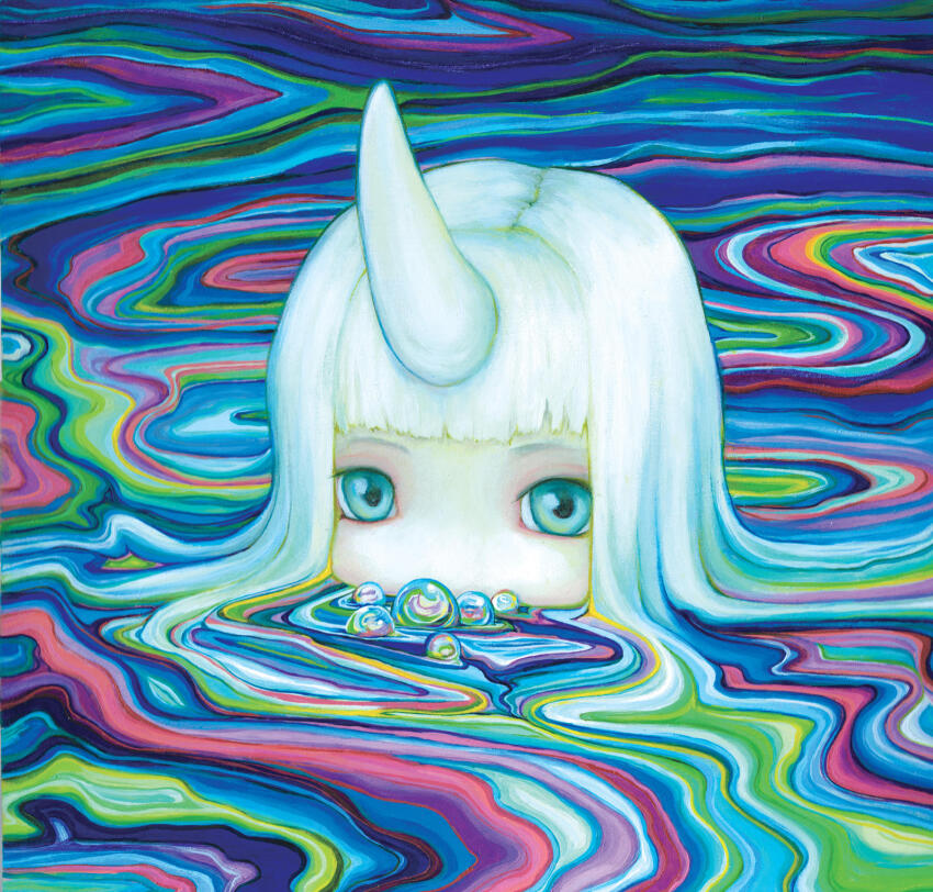 1girl aqua_eyes blunt_bangs bubble camilla_d&#039;errico highres horns mouth_submerged mouth_under_water original pale_skin partially_submerged psychedelic single_horn solo straight_hair white_hair