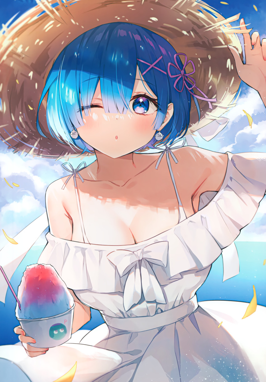 1girl absurdres ayamy bare_shoulders blue_eyes blue_hair blush bow bowtie breasts cleavage cloud cloudy_sky collarbone day dress earrings food hair_ornament hand_up hat highres holding jewelry large_breasts looking_at_viewer ocean off-shoulder_dress off_shoulder one_eye_closed outdoors parted_lips petals petelgeuse_romaneeconti re:zero_kara_hajimeru_isekai_seikatsu rem_(re:zero) scan shaved_ice simple_background sky solo straw_hat upper_body water white_dress x_hair_ornament