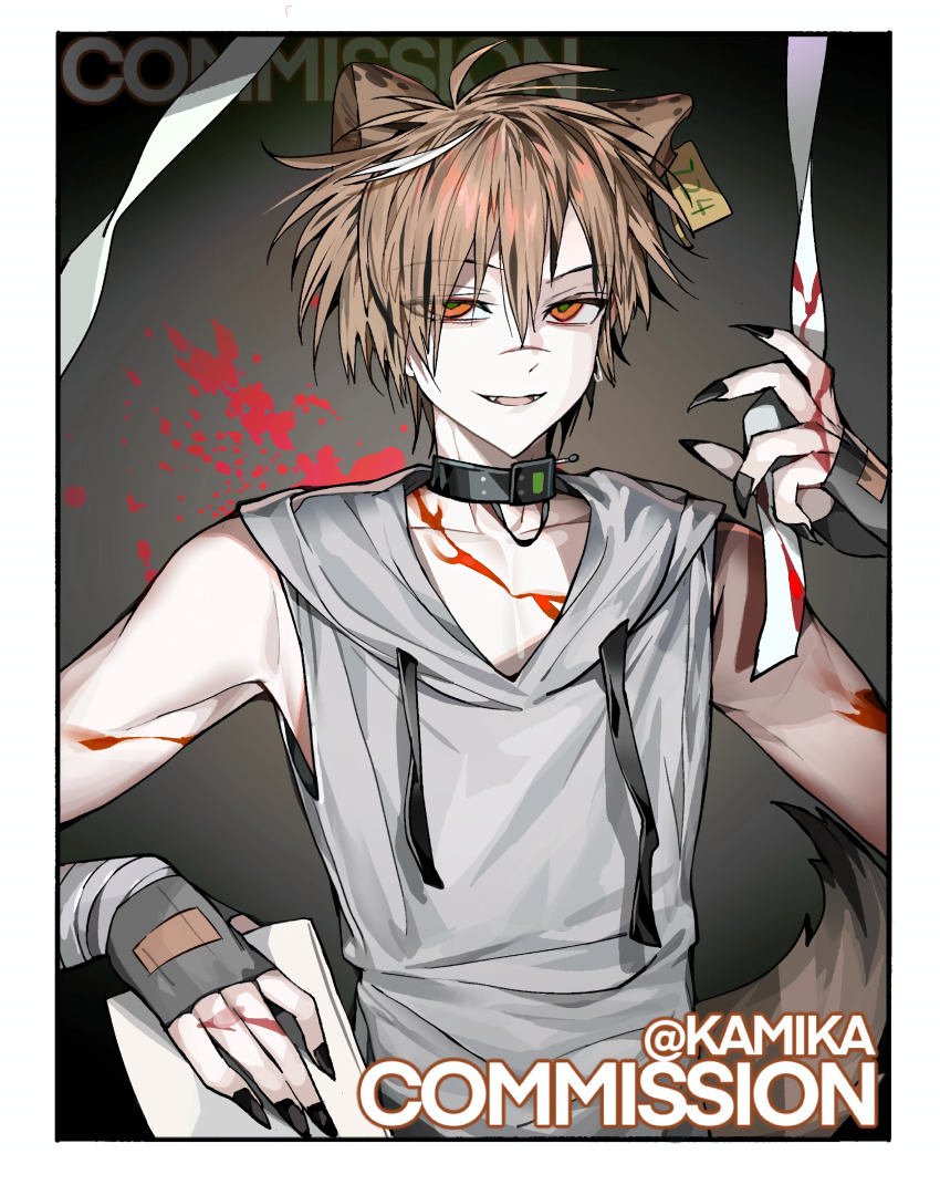 1boy absurdres animal animal_ears arms_up bad_source bad_tag bandaged_arm bandages bare_arms black_collar black_gloves blood blood_on_clothes blood_on_face border cat_ears claws collar commission cuts dark_background fabric fang fingerless_gloves fingernails gem gloves grey_hoodie highres holding holding_paper hood hoodie injury kamika leather_collar light_smile long_fingernails looking_at_viewer male_focus messy_hair multiple_tails open_chest orange_eyes original pale_skin paper portrait ribbon sharp_fingernails short_hair signature simple_background skinny sleeveless sleeveless_hoodie smile solo splatter tail torn_clothes torn_hoodie watermark wolf_tail yandere