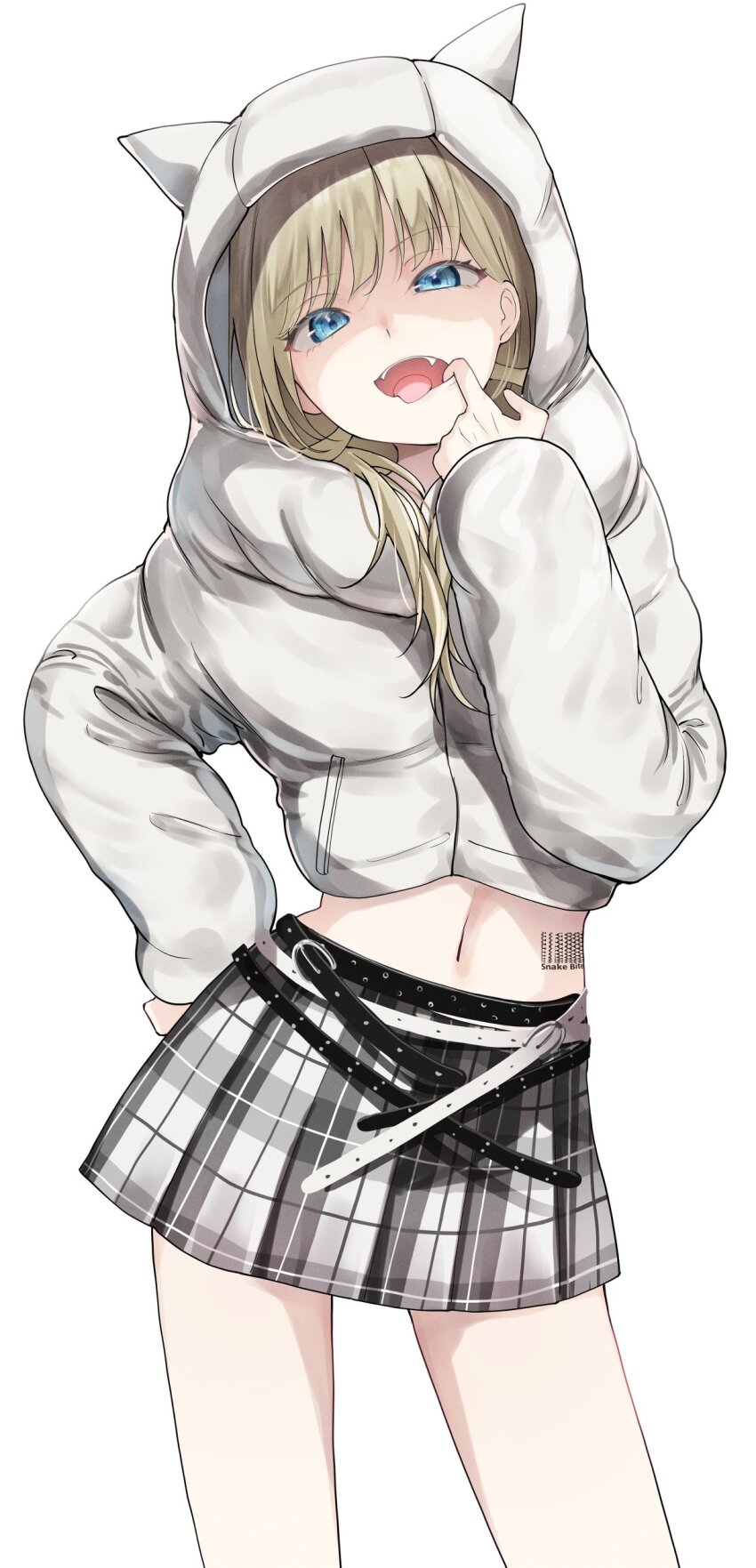 1girl absurdres alternate_costume animal_hood belt blue_eyes cat_hood cattleya_regina_games cowboy_shot cropped_jacket fangs finger_in_own_mouth green_hair hanabusa_lisa hand_on_own_hip highres hood hood_up hooded_jacket jacket kairi_(miry666) looking_at_viewer midriff miniskirt multiple_belts navel plaid_clothes plaid_skirt shaded_face simple_background skirt solo virtual_youtuber vspo! white_background
