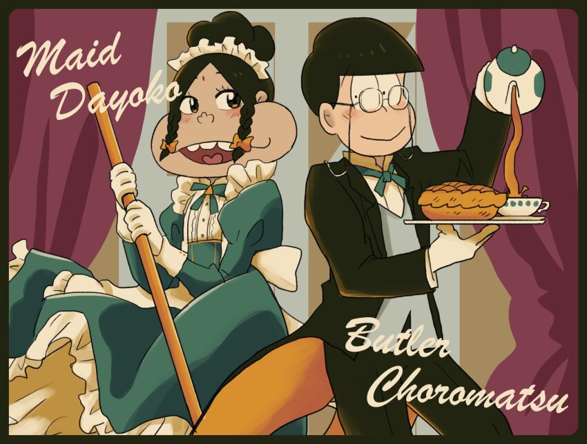 1boy 1girl alternate_costume amaizake apron bespectacled bindi black_pants black_suit braid butler character_name cup dark-skinned_female dark_skin dayoon_girl dress enmaided formal_clothes glasses gloves green_dress heart heart_in_mouth highres holding holding_tray looking_at_another maid maid_apron maid_headdress matsuno_choromatsu monocle open_mouth osomatsu-san osomatsu_(series) pants pouring side_braids smile suit tailcoat teacup teapot tray tuxedo vest waistcoat white_gloves