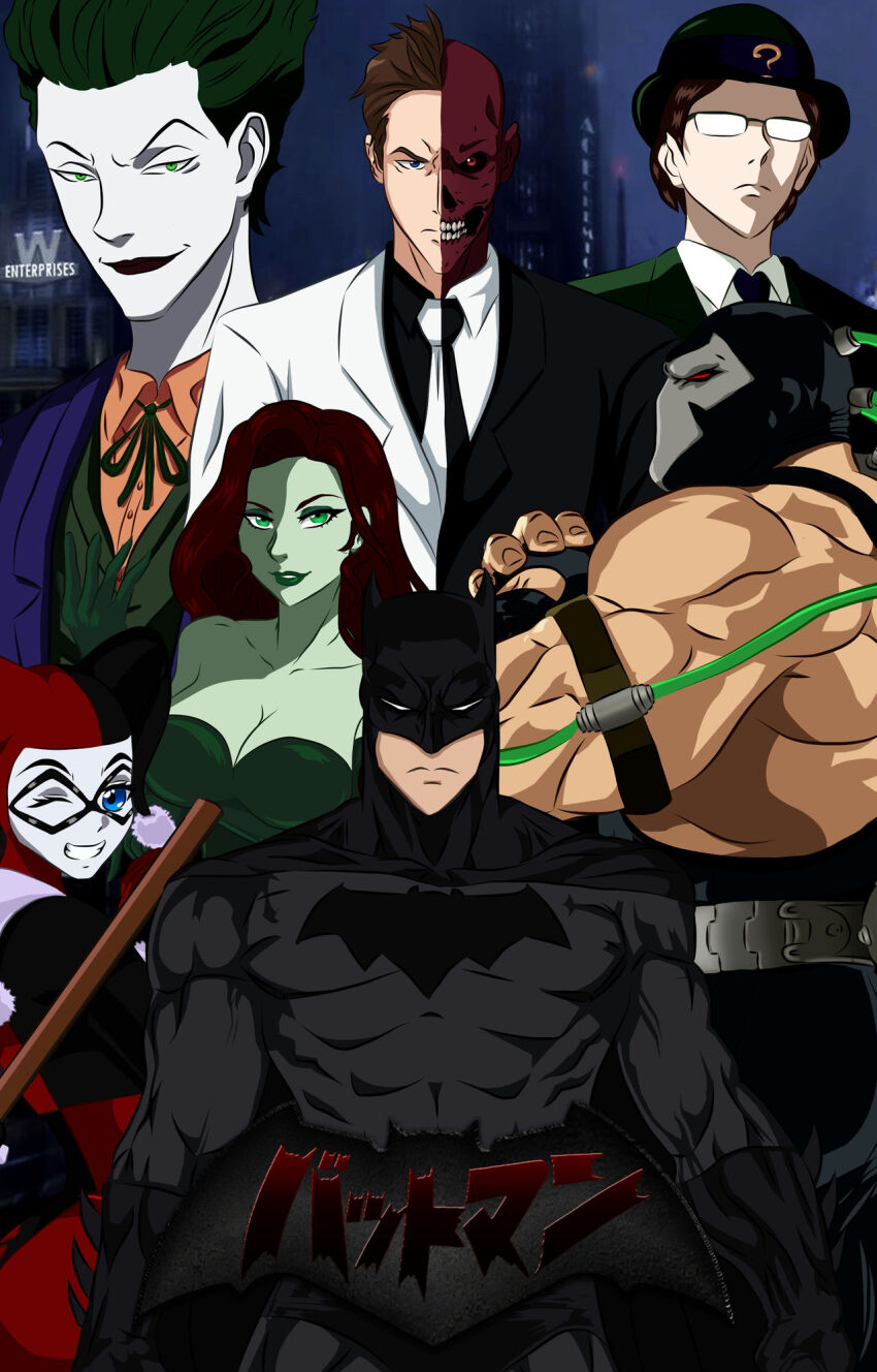anime_style_features bane batman batman_(series) bruce_wayne dc_comics edward_nashton edward_nygma harley_quinn harvey_dent highres pamela_isley poison_ivy the_joker the_riddler two-face